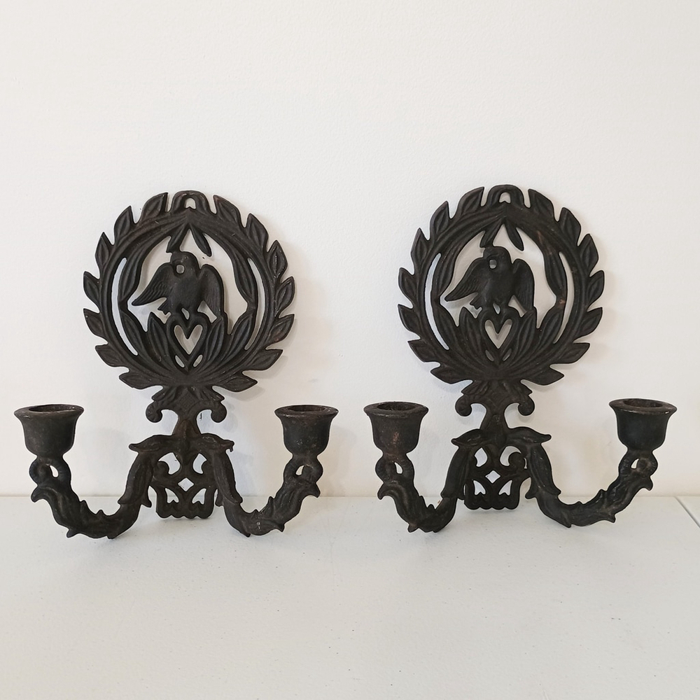 Vintage Pair Of Black Cast Iron Taper Candle Holders Wall Sconces Eagle Wreath